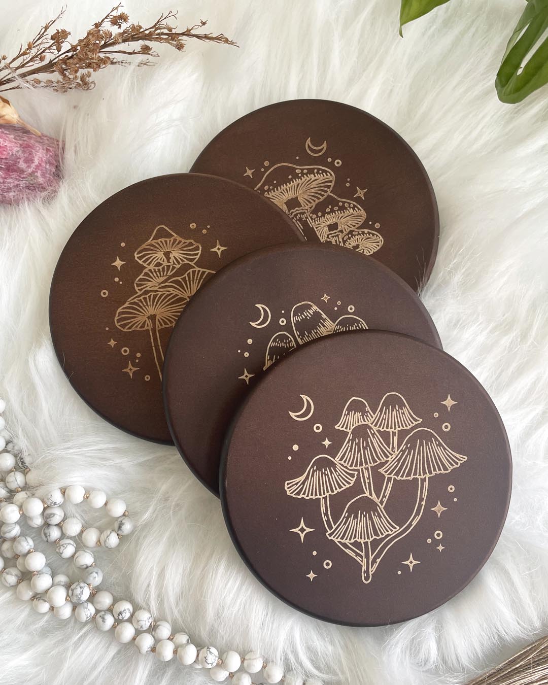 Wisdom Through Funghi Dark Wood Coaster Set