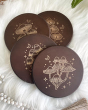 Load image into Gallery viewer, Wisdom Through Funghi Dark Wood Coaster Set
