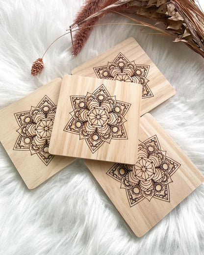 Mandala Square Wood Coaster Set