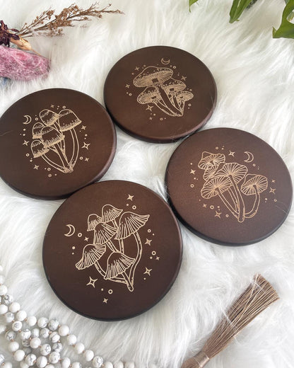 Wisdom Through Funghi Dark Wood Coaster Set