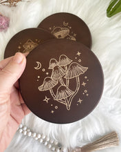 Load image into Gallery viewer, Wisdom Through Funghi Dark Wood Coaster Set
