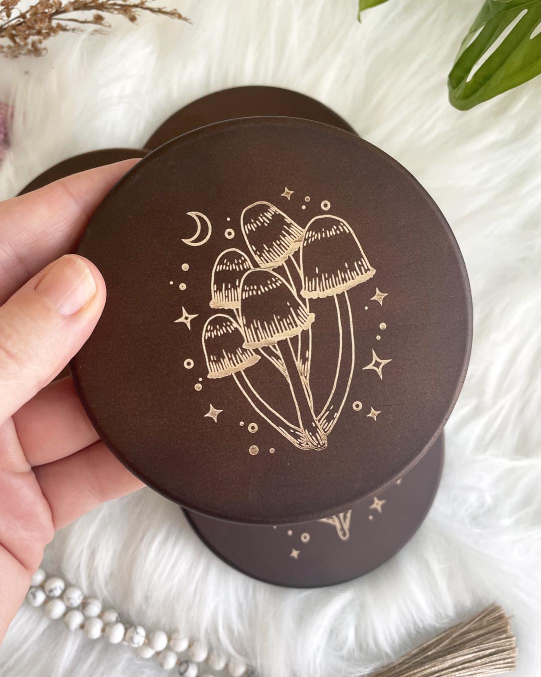 Wisdom Through Funghi Dark Wood Coaster Set