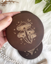 Load image into Gallery viewer, Wisdom Through Funghi Dark Wood Coaster Set
